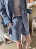 Женские брюки из двух частей, корейский модный комплект из двух частей, пиджак и шорты для женщин, синяя клетчатая куртка с длинным рукавом, офисная леди, повседневный комплект из 2 предметов, весна 231024
