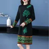 Casual Dresses Autumn Winter Vintage Floral Printed Butterfly Loose O-Neck Female Clothing Long Sleeve A-Line Knitted Midi Dress