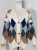 Kvinnors tröjor ColorFaith Plaid Chic Cardigans Button Puff Sleeve Checkered Overdimensionerad vinterfjädertröja toppar SW658 231024