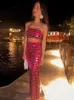 Dwuczęściowa sukienka seksowna cekinów Zestawy spódnice Zestawy Kobiety Roes Red Bodycon Gest Ofl Długa spódnica Kombinezon 2023 Klub zimowy Lady Suits T231024