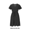 Sukienki swobodne Szczupła luźna szyfonowa sukienka z klasyczną dla dorosłych samic Stylowy krótki rękaw Elegancki midi na czarno -służbie czarny