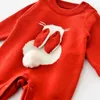 Pagliaccetti Autunno Tuta in maglia rossa per bambini Inverno Pagliaccetto per bambini Simpatico coniglietto Abiti natalizi nati Tutina per bambine Vestito 231023
