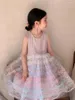 Robes de fille 2023 Filles d'été scintillantes paillettes multicolores jupe en fil enfants gilet sans manches robe de princesse enfants vêtements pour tout-petits
