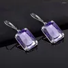 Boucles d'oreilles pendantes Vintage longue goutte pour femmes avec pierre violet améthyste levier dos solide 925 argent Sterling femme bijoux rétro