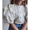 Women's Blouses French Design Sense Vintage Printed Top Women Bubble Sleeve Kawaii Bow Short Shirt Chaqueta Round Neck Button