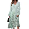 Casual Dresses Fall Spring Women Dress Elegant Party Long Sleeve Flower Print A-Line Loose High Tight midje Prom Midi