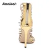 Aneikeh Bling or cristal sandales fines lanières gladiateur sandale chaussures talon aiguille pompes de mariage strass Cage sandale 231024