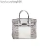 Bolsa feminina masculina de couro genuíno crocodilo jacaré Himalaia cinza branco com logotipo fivela prateada 25cm30cm sacola portátil lenços grátis suporte personalizar Yma