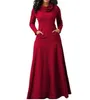 Podstawowe sukienki swobodne plus size 5xl Elegancka długa sukienka maxi jesienna zima ciepłe wysokie kołnierze kobiety Longsleeved Woman z kieszenią 231024