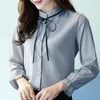 Kvinnors blusar White Chiffon Blue Women Shirt Stand Bow Puff Sleeve Womens Slim Elegant Casual Tops Femme Work Shirts Blusas Feminina