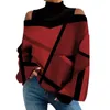 Damesblouses Contrasterende kleur Top Geometrische print Off-shoulder Pullover Stijlvolle losse T-shirtblouse voor herfst-lentevrouwen