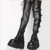 Bottes gothiques pour femmes, cuissardes hautes, plate-forme compensée, bottes de moto sur le genou, talons décapants de l'armée, Punk, lacets, boucle de ceinture longue