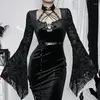 Casual Dresses Goth Sexy Bandage Flared Sleeve High Slit Bodycon Long Vintage Elegant Black Velvet Lace Mesh Party Vestido