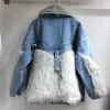 Kvinnors dikerockar 2023 Vintern Miljö Faux päls sömnad Denim Coat Parka Lose Cotton Padded Thicked Cotton Paddeded