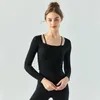 Luluwomen con logo vestiti da yoga a coste top a maniche lunghe T-shirt da corsa sportiva dimagrante sottile vestiti fitness da donna