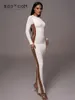 Basic Casual Dresses Autumn Winter Oneck Bodycon Mesh Patchwork Long Dress Woman Clothing Hollow Out Slit Party Evening Vestidos White Black 231024