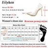 Klänningskor Eilyeken Spring Golden Rhinestone PVC Transparenta Women Pumpar High Heels Sexig Pointed Toe Party Wedding Shoes Storlek 41 42 231024