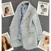 Kadınlar Suits Blazers Blue Tweel artı Boyut Tüvey Blazer Kadınlar Zarif Çift Göğüslü İnci Düğmesi Ceket Kore Bahar Sonbahar Vintage Dış Giyim 231023