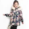 Donsjas Winter Katoenen Jas Voor Meisjes Bloemenpatroon Bont Capuchon Kinderen Bovenkleding Kleding 3-12 Jaar Tiener Kids Parka Snowsuit