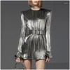 Basic & Casual Dresses Casual Dresses High Street Est Fashion 2022 Runway Designer Womens Sparkle Gold Long Sleeve Belted Pleated Appa Dhesl