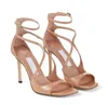 Marcas de luxo verão sandálias saeda sapatos cristal tiras salto alto festa vestido casamento senhora gladiador sandalias nu preto EU35-42