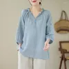 Blouses pour femmes 2023 été coton lin chemise à col en v manches à sept points artistique rétro broderie moyen-âge à la mode femme hauts T42