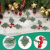 Decorative Flowers Wreaths 50 5Pcs Christmas Holly Leaves Artificial Red Berries Flower DIY Wreath Ornaments For Home Xmas Year Decorations 231023