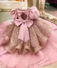 Vestidos de menina de luxo vestido de flor rosa para casamento manga curta puff o pescoço grande arco princesa vestido de festa aniversário