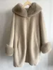 Cappotto lungo da donna con fodera in pelle scamosciata di lana di visone nuova e giacca con cappuccio con collo in pelliccia di volpe finta