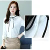 Kvinnors blusar White Chiffon Blue Women Shirt Stand Bow Puff Sleeve Womens Slim Elegant Casual Tops Femme Work Shirts Blusas Feminina