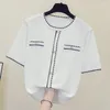 Suéter feminino botão diamante pulôver suéter feminino solto manga curta malha jumper feminino o-pescoço roupas 2023