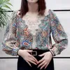 Kvinnors blusar 2023 Spring Autumn Lace Patchwork Blus Vintage Paisley Tryckt kvinnliga kläder Casual Long Sleeve Pendute Elegant V-ring