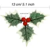 Decorative Flowers Wreaths 50 5Pcs Christmas Holly Leaves Artificial Red Berries Flower DIY Wreath Ornaments For Home Xmas Year Decorations 231023