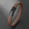 Charm Bracelets Classic Punk Men's Jewelry Genuine Leather Bracelet Hand Woven Black/Brown Magnetic Buckle Accessories Birthday Gift