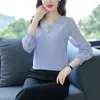 Women's Blouses Office Lady Lace Spliced Shirt Fashion Folds Spring Autumn Elegant V-Neck Female Clothing Long Sleeve Chic Pearl Button