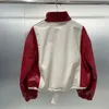 Echte Lederjacke für Damen, Stehkragen, Damenmantel, Frühling, rot-weißer Splice, Drop-Shoulder-Ärmel, Import aus echtem Schaffell