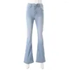 Kvinnors jeans bantar hög midja utblåst hem smal passform gradient färg full längd klockbotten denim byxor med knapp