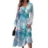 Casual Dresses Fall Spring Women Dress Elegant Party Long Sleeve Flower Print A-Line Loose High Tight midje Prom Midi