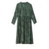 Robes décontractées 2023 Robe de soie imprimée à manches longues vert satin midi femmes vintage fête printemps automne robes élégantes
