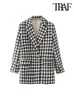 Women's Suits Blazers TRAF Women Fashion Houndstooth Tweed Blazer Coat Vintage Long Sleeve Flap Pockets Female Outerwear Chic Veste Femme 231023