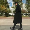 Men's Trench Coats Men Black Wool Blends Vintage Japan Style Loose Sashes Casual Harajuku Outwear Over Knees Allmatch Thickening Warm Korean 231023