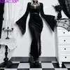 Casual Dresses Goth Sexy Bandage Flared Sleeve High Slit Bodycon Long Vintage Elegant Black Velvet Lace Mesh Party Vestido