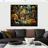Pittura astratta di arte popolare messicana di paesaggio su tela, con cornice per la decorazione del soggiorno