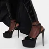 Sandaler Stylish Black Metallic Leather Peep Toe Platform Pumpar Spännband Stiletto High Heels Summer Shoes Size43