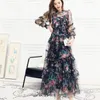 Casual Dresses Women Fashion Autumn Flowy Mesh Floral Printing Midi Long A Ling Dress Layer Ruffles Patchwork Boho Largo Vestidos Robe