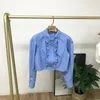 Blouses pour femmes 2023 Automne Marque Bleu Jaune Coton Chemise À Manches Longues Hauts En Bois Oreille Bord Amovible Conception Courte Femmes Coréenne