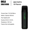OKLA SOLOX 600 Puff stylo vape jetable kit de démarrage de cigarette électronique 0% 2% 3% 5% vapoteurs en gros desechables 2 ml saveur de fruit non rechargeable