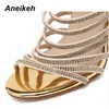 Aneikeh Bling or cristal sandales fines lanières gladiateur sandale chaussures talon aiguille pompes de mariage strass Cage sandale 231024