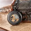 Orologi da tasca Unico orologio in argento nero meccanico a carica manuale Fob numeri romani quadrante orologio retrò pendenti a catena