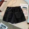 Kvinnors shorts 2023 Summer American Vintage Style Hög midja Solid Color Cargo Women Casual Streetwear Wide Len Loose Fit Unisex